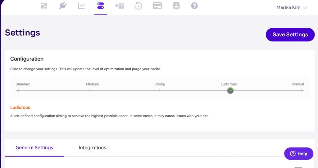 nitropack dashboard settings